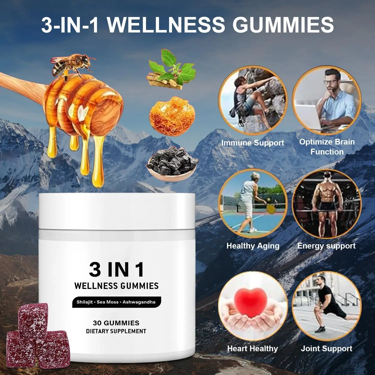 Biochealth Custom 3 in 1 Shilajit Gummies for Men, 3-in-1 Wellness Gummies with Shilajit, Sea Moss and Ashwagandha for Energy