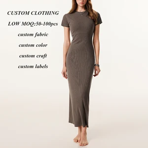 Factory Oem Solid Color Blank Maxi Dresses Women Short Sleeve High Stretch Ribbed Knit Slit Back Bottom Long Bodycon Dress