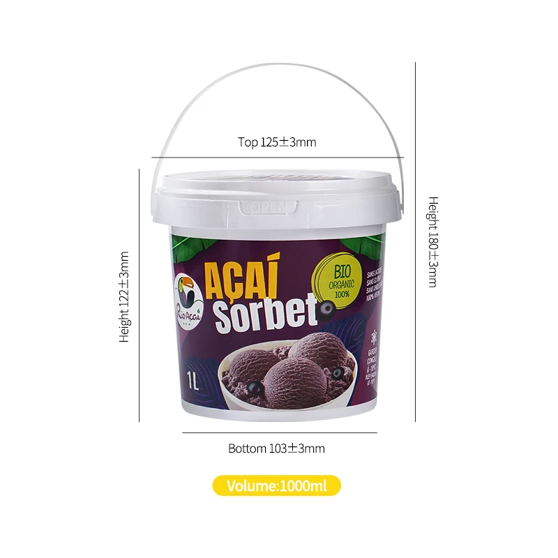 Tamper Proof Environmentally Friendly Factory Price Plastic 1L Bucket 1kg Ice Cream Container with Lid Handle