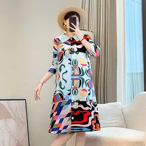 Stylish Floral Patterned Pleated Dress for Mom 2026 Summer New Loose Slimming Mid-Length Printed Chiffon Casual Knee-Length