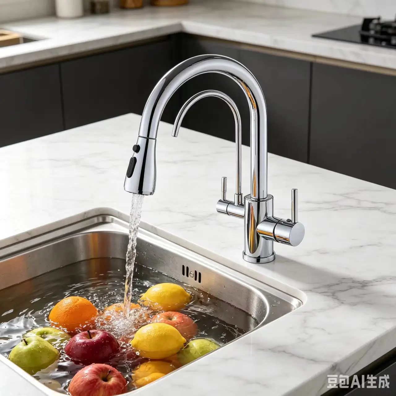 Luxury Residential Kitchen Application Gold finish faucet in modern kitchen with marble countertop