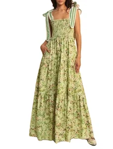 Custom High Quality  Summer Causal Dress  Floral Print Smocking Bodice Lace Shoulder Strap Elegant Beach Casual Dress