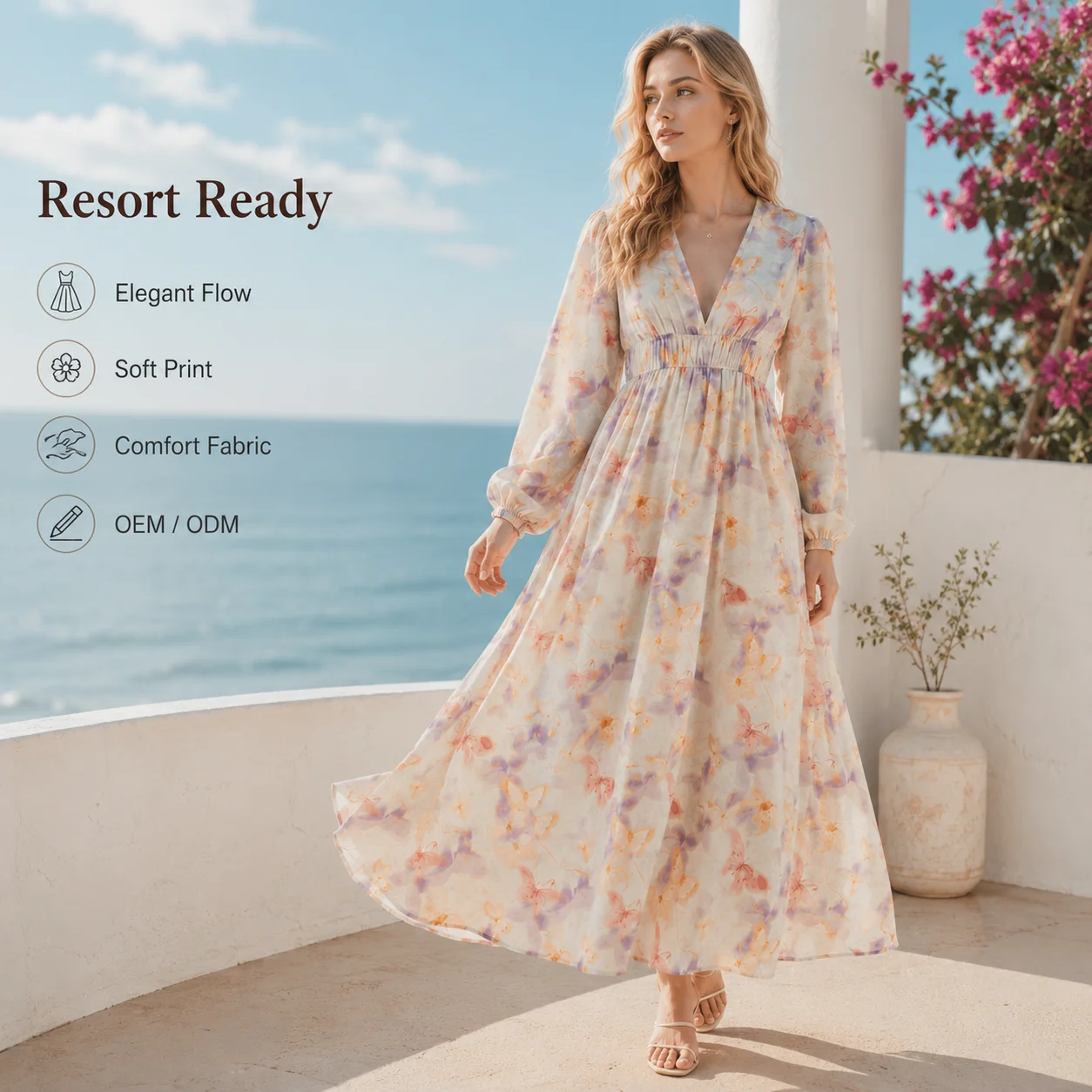 Women's Long Blouson Sleeves Dress with Pleated Waistband V-Neck and Floral Pattern Printed Tied Cuffs Woven Floral Design