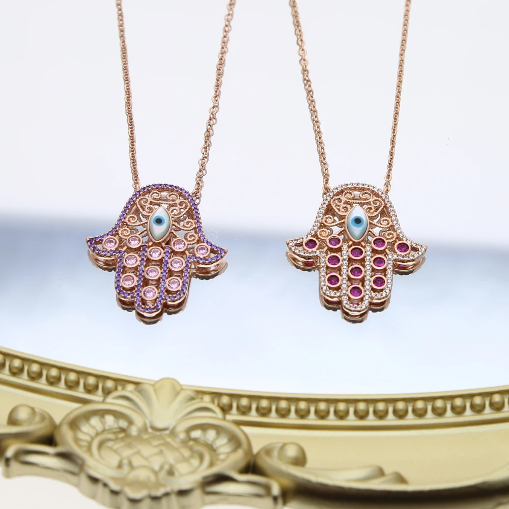 High Quality Stock Red clear Cubic Zircon Rose Gold Plated Turkish Jewelry Hamsa Hand Pendant Necklace