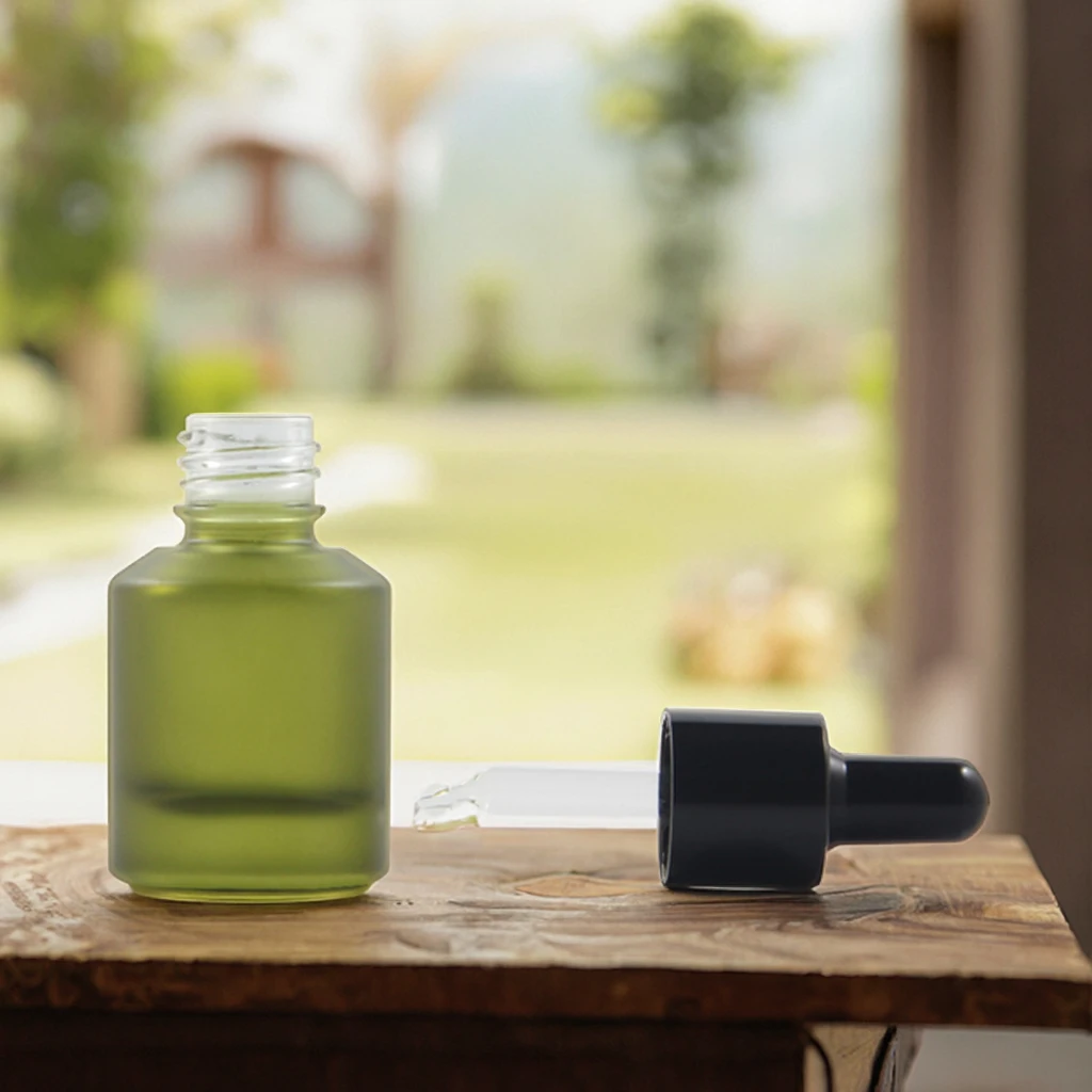 Fuyun 50ml 100ml 10ml 5ml Frosted Glass Cosmetic Bottles Green Slanted Shoulder Dropper Empty Essential Oil Vials