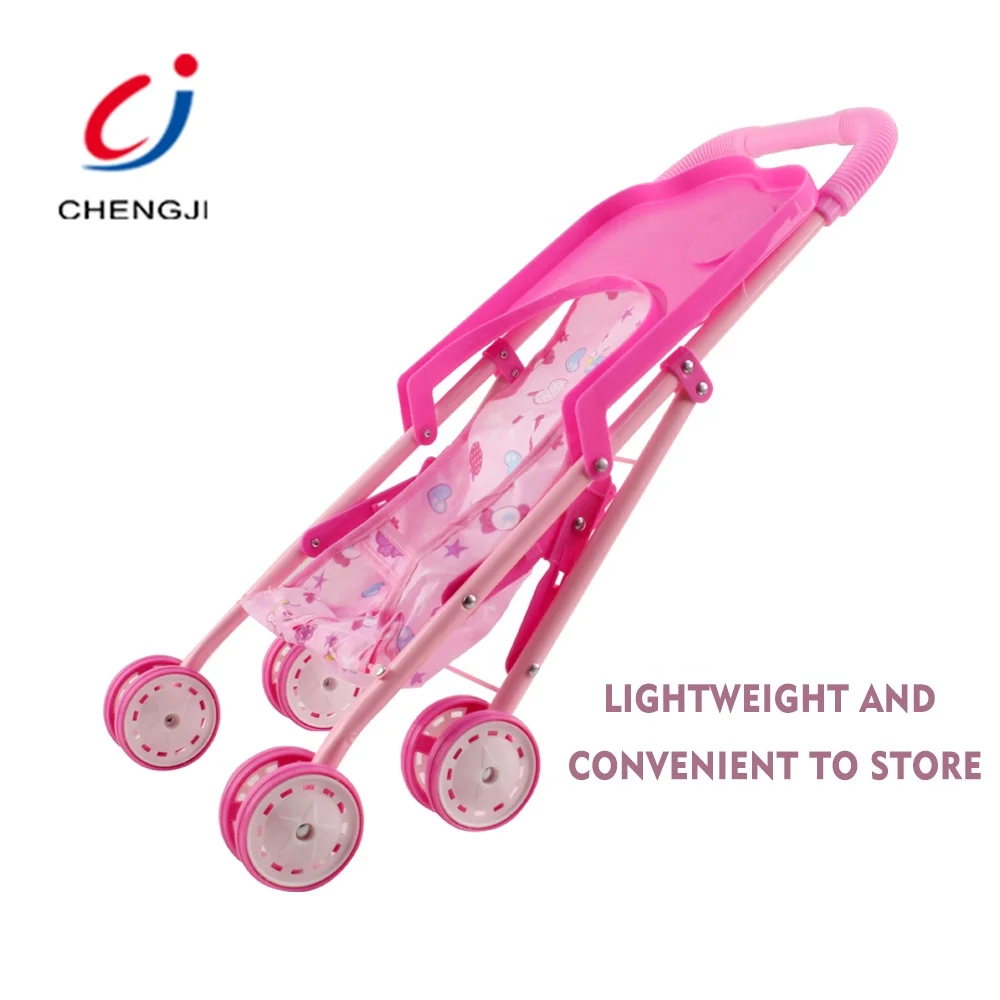 Role Play Lovely Baby pink Newborn Doll Pram Trolley Iron Folding Toy  Stroller Set