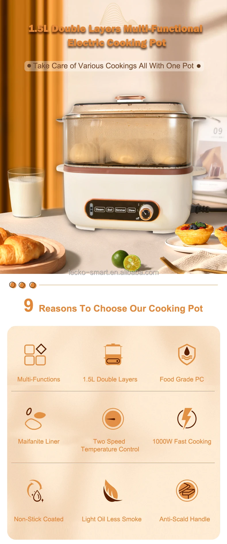 Lecko 2022 Portable 800w Fast Cooking Pot Food Warmer 1.5l Intelligent