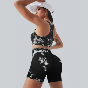 Slim Fit High Waist Shorts with Butt Lifting Effect and Tie Dye Bra, 2-Piece Sets for Woman YOGA Sports and Fitness