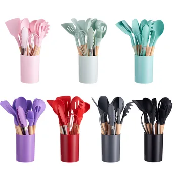 2023 Hot Sale Home Kitchen Accessories 12pcs Silicone Kitchen Utensils Set With Wooden Handle