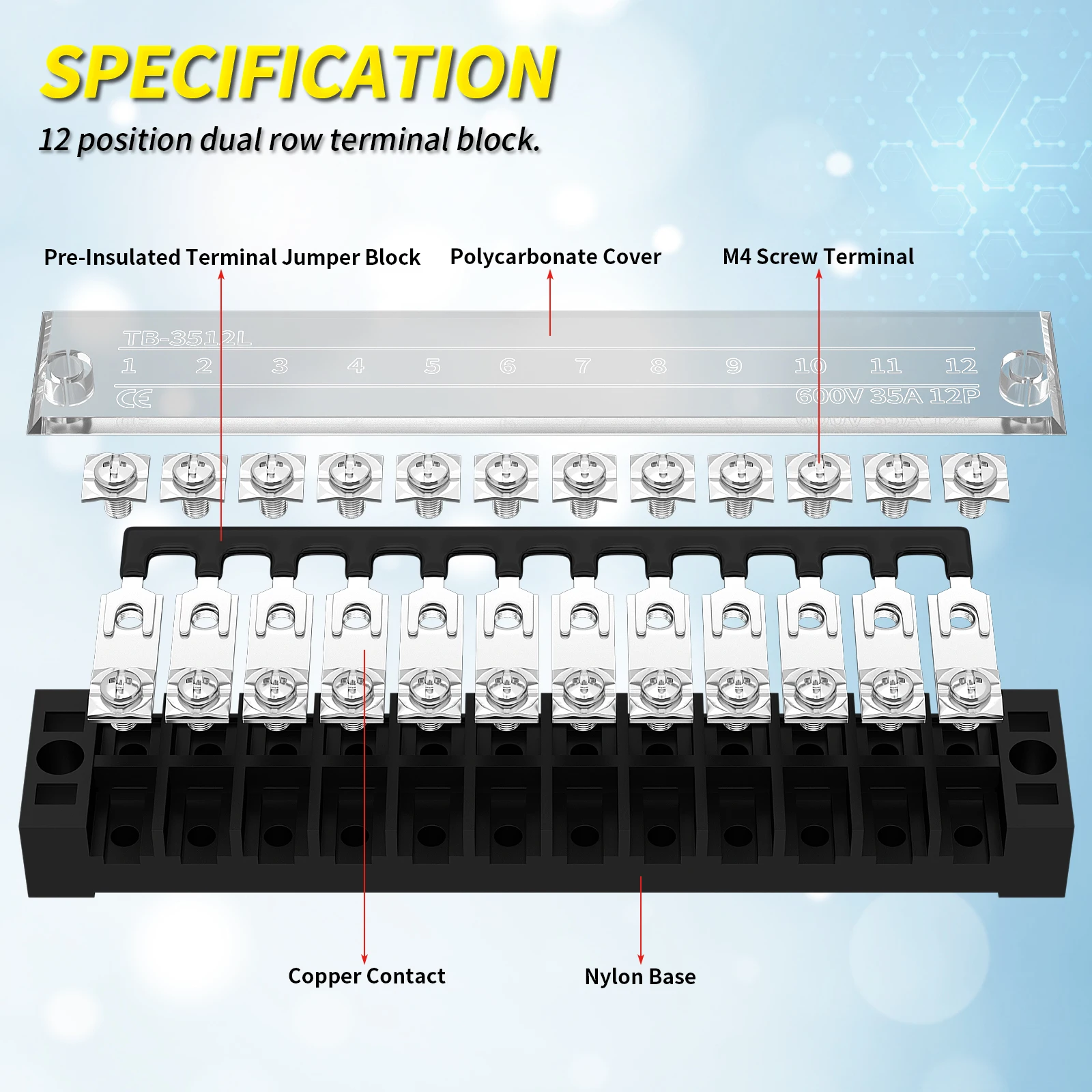 35A Terminal Block 12 Position - Dual Row & Pre-insulated