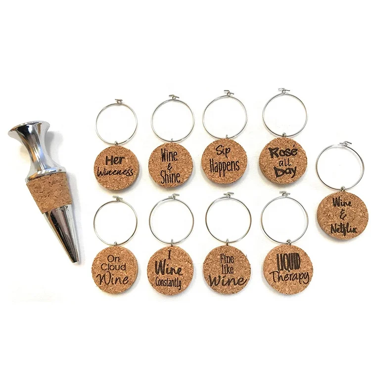 Holiday gift party decoration christmas cork wine glass charms set with bottle stopper