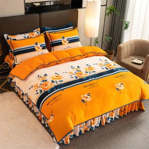 4Pieces Wholesale Soft Floral Girls Milk Velvet Bed Sheet Set With Bed Skirt