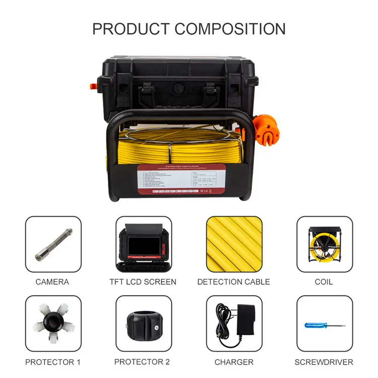 Sewer Pipe Inspection Camera 512Hz Sonde&Self-Leveling, Drian Endoscope 10.1-inch 1080P HD Touch Screen Meter Counter and DVR Video Recording