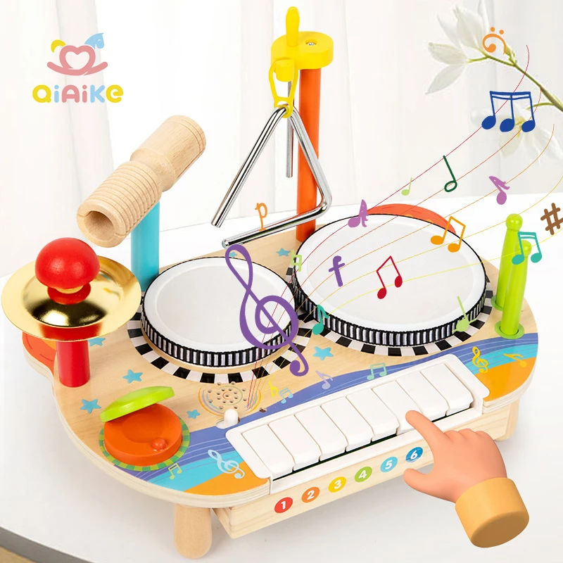 Hot Selling Multifunctional Montessori Educational Wooden Percussion Drum Set for Kids Baby Musical Keyboard Instruments