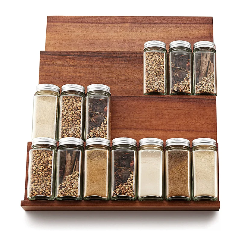 2025 Home Kitchen Acacia Wood 4 Tier Spice Rack with Drawer Organizer Storage Eco-friendly