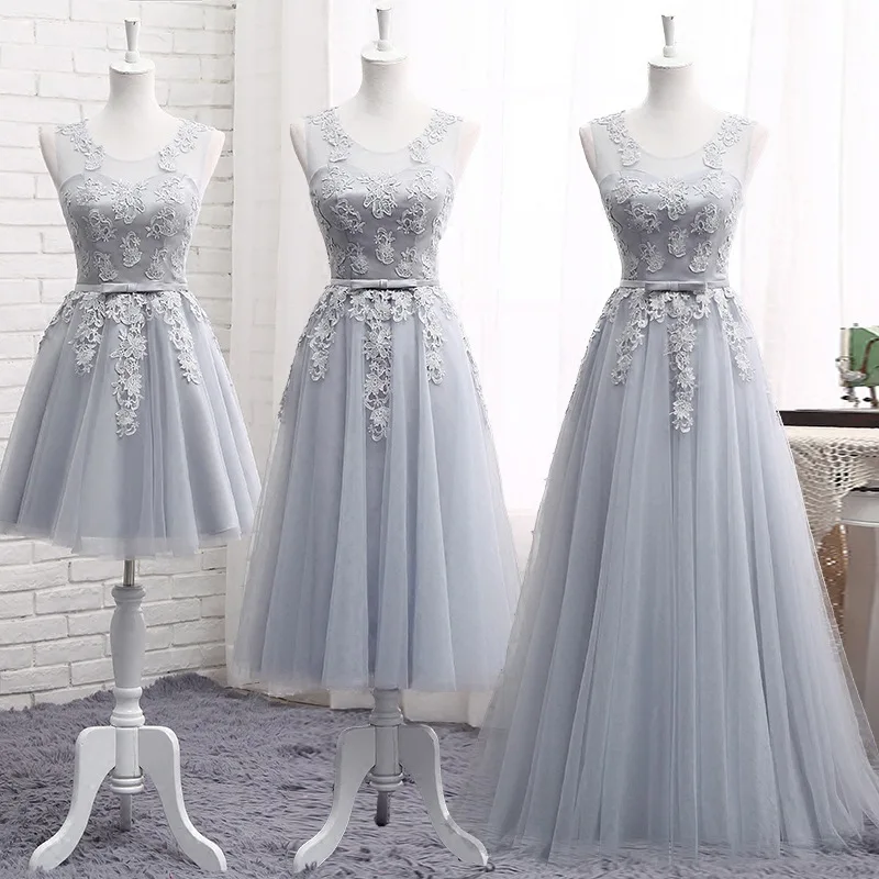 Pink and Gray Lace Bridesmaid Gowns - Sleeveless Tulle A-Line Dresses in Champagne Color, Vintage Floral Style Pink and Gray Lace Bridesmaid Gowns - Sleeveless Tulle A-Line Dresses in Champagne Color, Vintage Floral Style