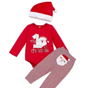 Cartoon Christmas Outfits Baby Boys Girls Santa Claus Rompers Bodysuit Pants with Christmas Hat 3 Pcs