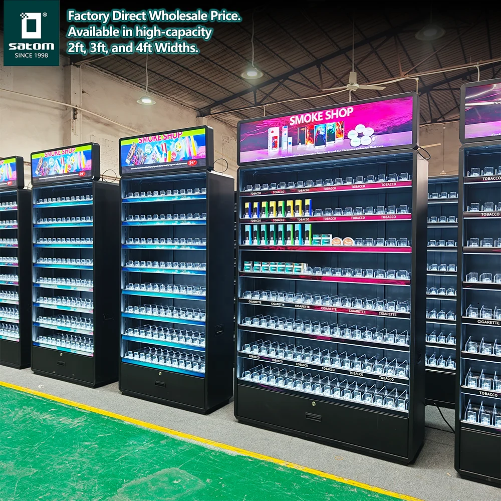 tobacco fixture USA Large Floor Standing Metal Frame Cigarette Fixture Tobacco Display for  Smoke Shop Gas Station with Color Led Light Lock Door