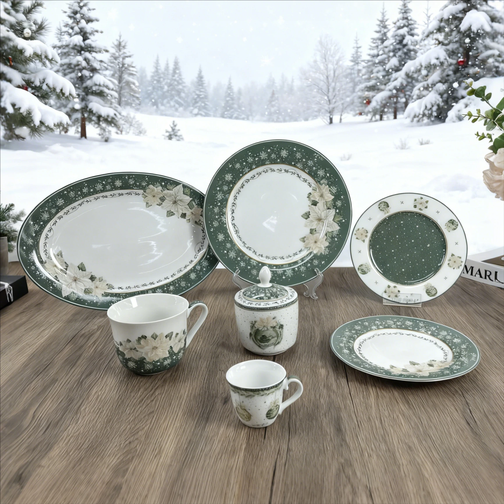 Κομψό Πράσινο Χειμερινό Σερβίτσιο - Πιάτα, Φλιτζάνια και Σερβιτόρια από Πορσελάνη με Λευκά Σχέδια Ποινσέτιας και Χιονονιφάδων