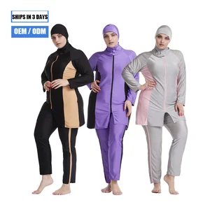 Custom Women Plus Size Muslim Striped Burkinis with Zipper Hijab Compatible Full Coverage Pants Front Logo Anti-UV Breathable