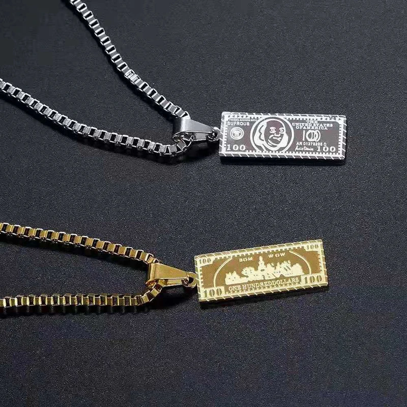 Hip Hop 100 Dollar Bill Pendant Necklace 18k Gold Stainless Steel Box Chain  Money Jewelry Necklace for Men Women