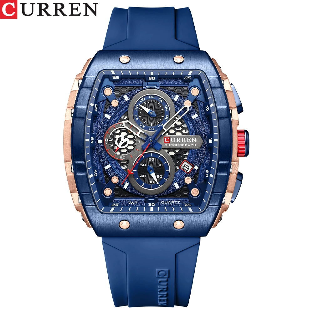 CURREN OEM square Custom Your logo Gift Men Wristwatch Silicone Watch Band Bracelet Chronograph Quartz Watch 8442