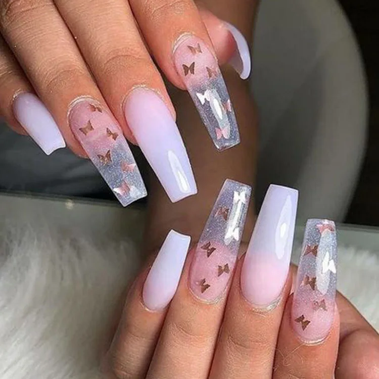 Ombre, Glittery Butterfly Clear Pink Tips, Press on Nails, Long Coffin,  Nails, Reusable Nails, Butterfly Nails, Glitter Nails, Jelly Nails 