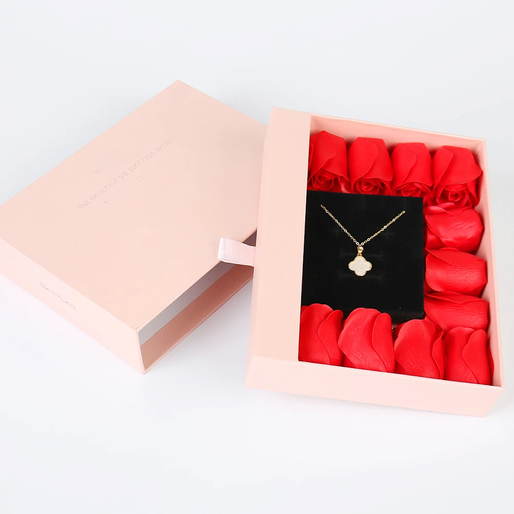 맞춤형 핑크색 서랍식 주얼리 박스, 호일 엠보싱 및 스펀지 안감 처리, 로즈 비누용 골판지 선물 포장 (재활용 소재 사용)