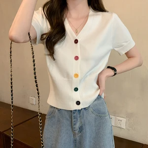 Summer Short V-neck Colorful Buttons T-shirt Outside Slim Short-sleeved Ice Silk Knitted Cardigan for Women