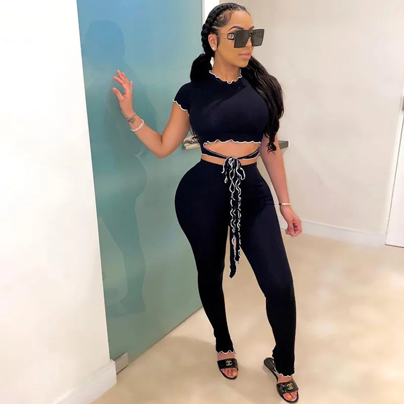 Ribbed Crop Tops Pants 2 Piece Set 2020 