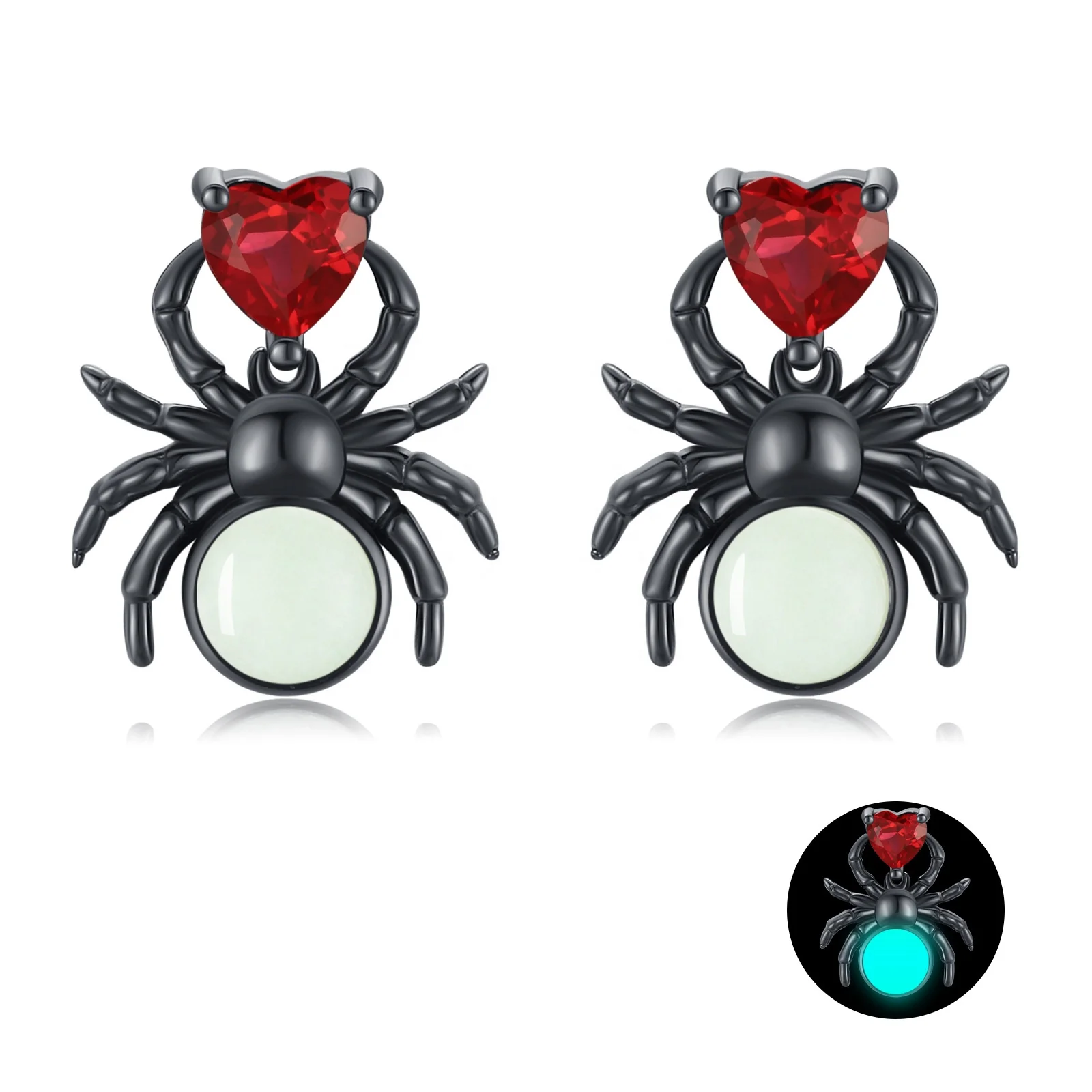Halloween Jewelry 925 Sterling Silver Red Zircon Glowing in the Dark Luminous Spider Stud Earrings