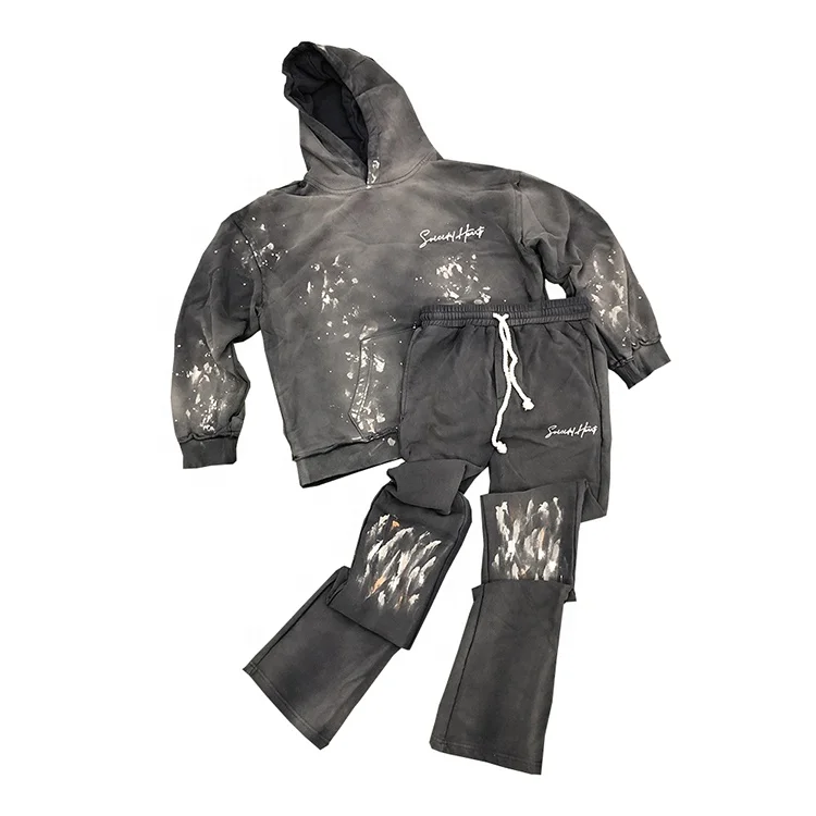 400 Gsm Distressed Tracksuit Sets Custom Vintage Stacked Sweatsuits 