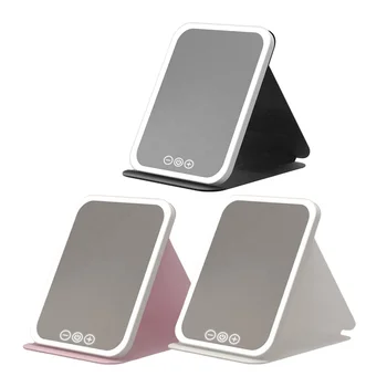 Desktop PU Leather Foldable Cosmetic Mirror Angle Adjustable Portable Makeup LED Mirror with Three Color Lights