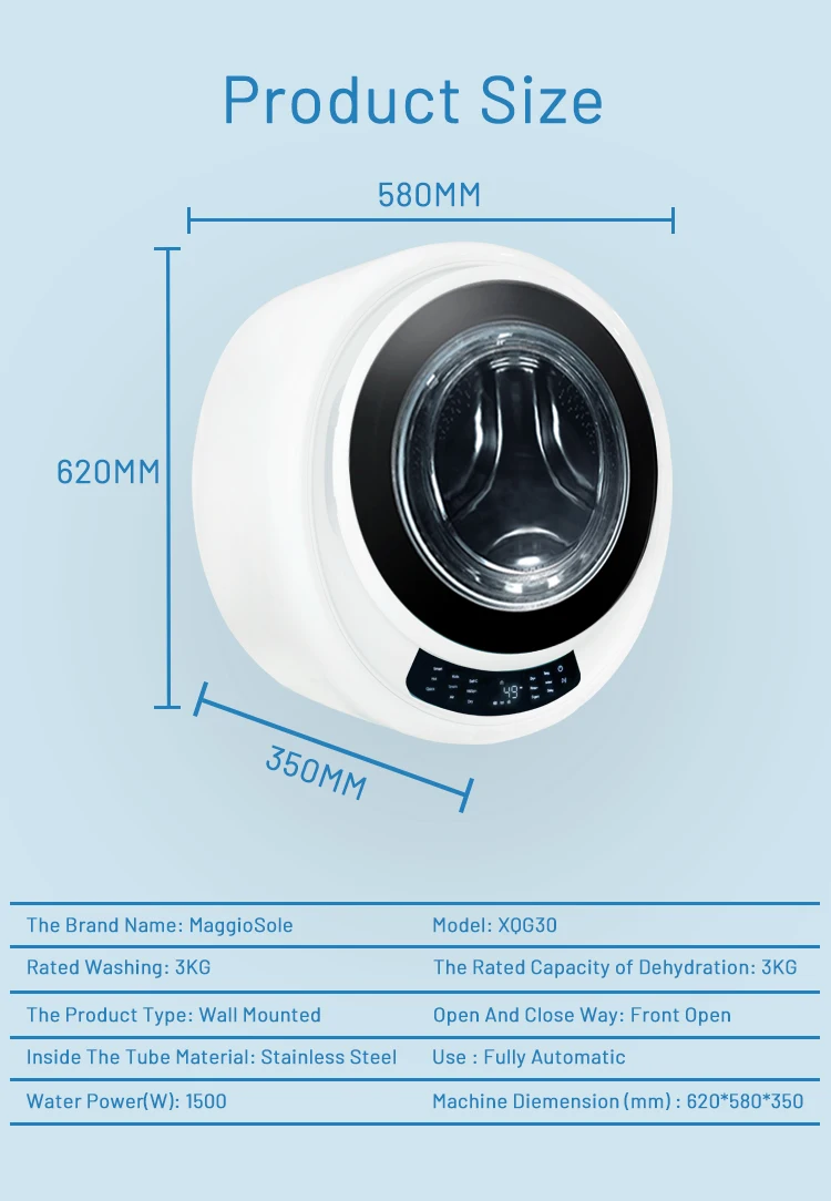 3kg Mini Wall Mounted Automatic Front Loading Washing Machine With Dry