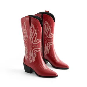 Comfort Fit Elegant Mid-Calf Cowboy Leather Casual Boots Block Heel Pointed Toe Denim Upper Height Increasing Boot for Female