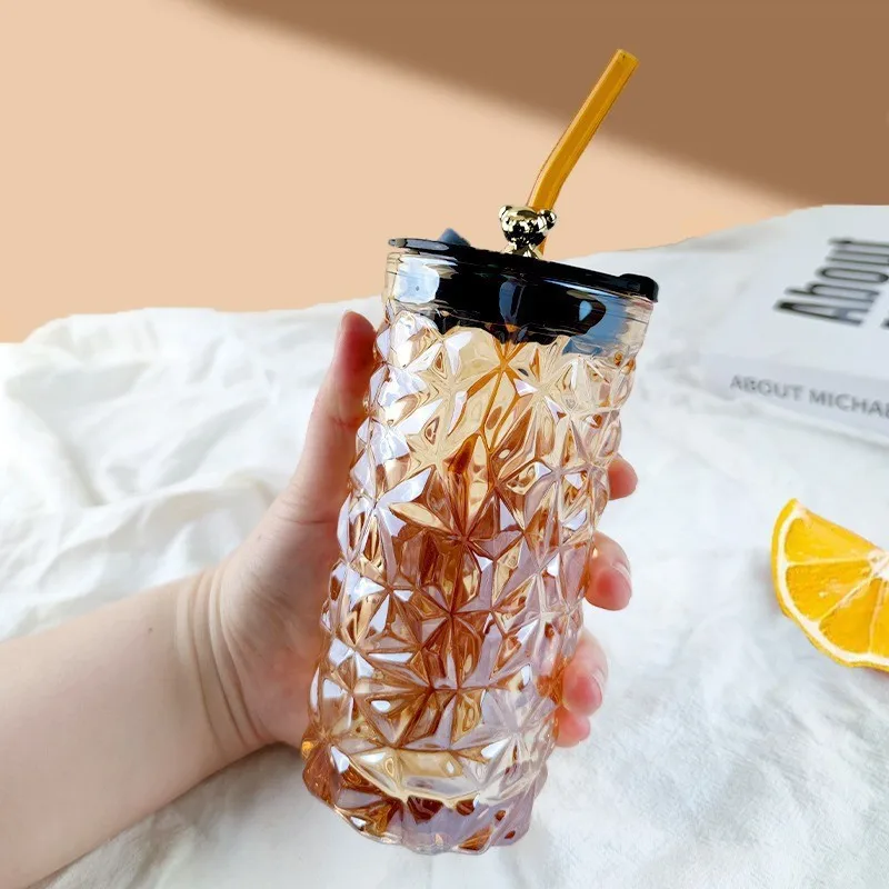 Customizable Eco-Friendly Glass Straw Cup with Lid Novelty Design for Beverages Juices Water Drinking