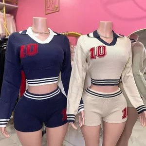 Viviblook Z923ST03 Number Embroidery Striped Knitted Women's Set Crop Tops+Shorts Matched 2026 Fall Baddie 2 Piece Sets Outfits