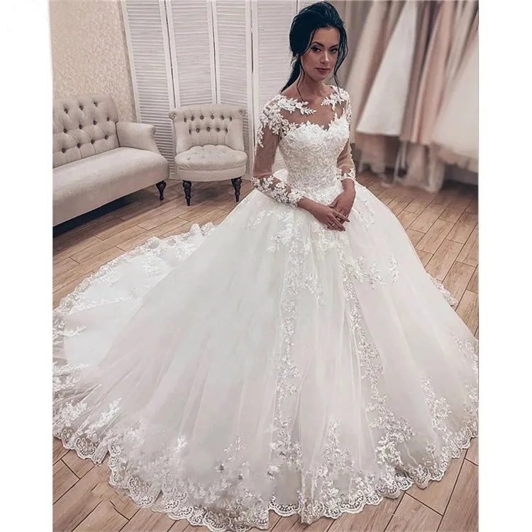 Wholesale Long-sleeved Tail Length Round Neck Bridal Dress Customize ...