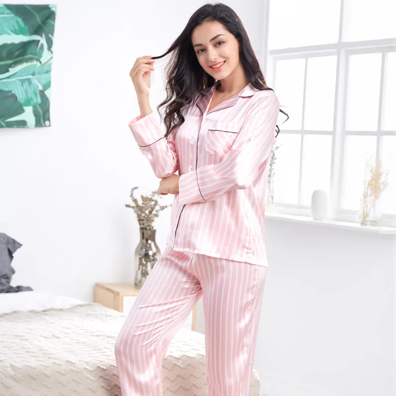 Walnut Sexy Pink Striped Silk Pajamas Sets Women Sleepwear Long Sleeves  Korean Elegant Genuine Silk …See more Walnut Sexy Pink Striped Silk Pajamas