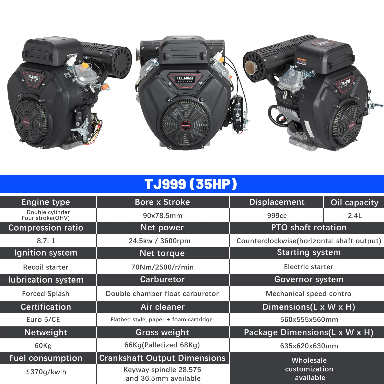 TJ999 V-Twin Gasoline Engine 999cc 36HP for Small Agricultural