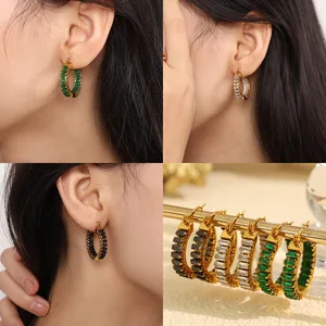 New Hot Colorful Zircon Baguette Hoop Earrings Stainless Steel Gold Plated Tarnish-Free Trendy Jewelry
