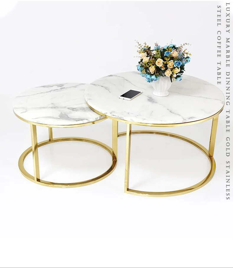 Modern dining room living room OEM ODM round square marble coffee table golden stainless steel marble coffee table