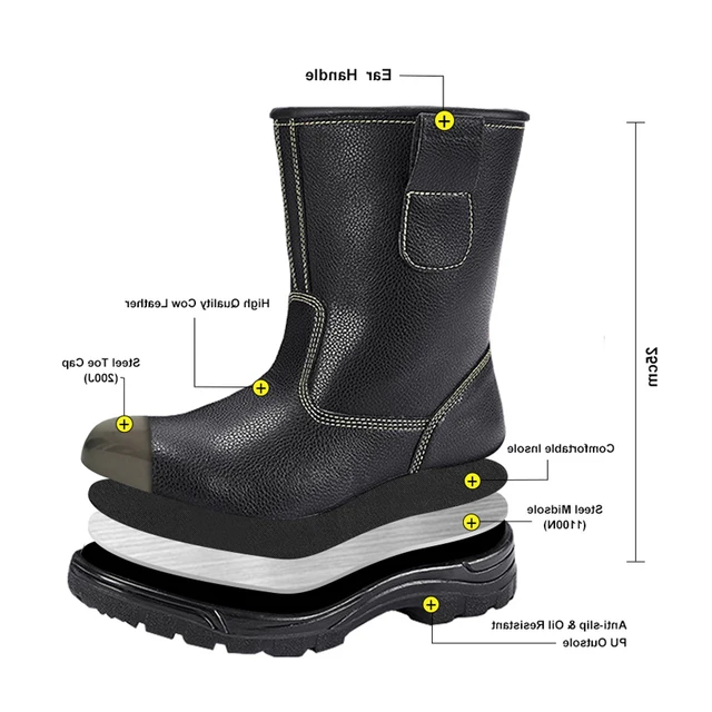 Heavy Duty Safety Shoes Oilfield Desert Anti-Slip 10 Inch Steel Toe Plate Injection Black Embossed Grain Cow Leather Boots