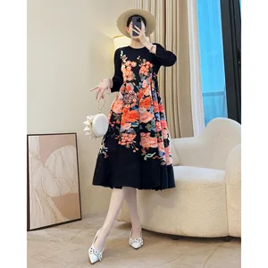 Pleated Floral Floor-Length Spring Summer Chinese Style National Style Long Loose Mother Large Size Slimming Dress
