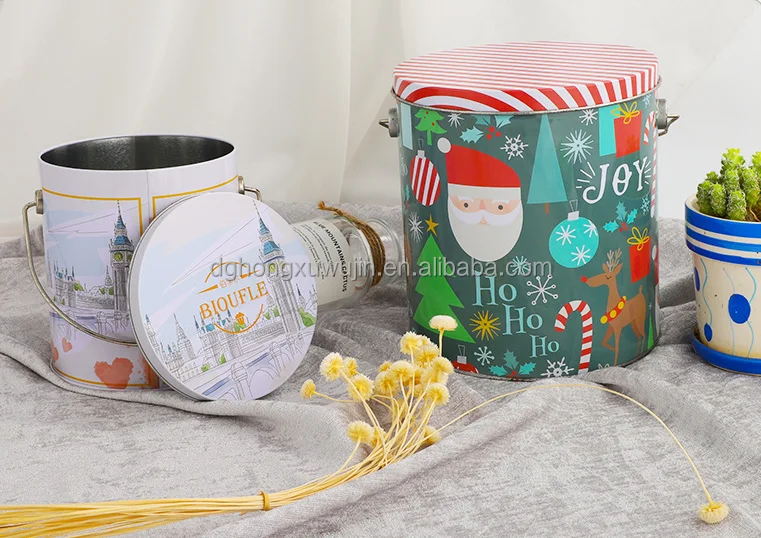 Customized Printed 2 Gallon Large Round Christmas Popcorn Tins Bucket Delicate Promotional Metal Popcorn Packaging Tin With Lid