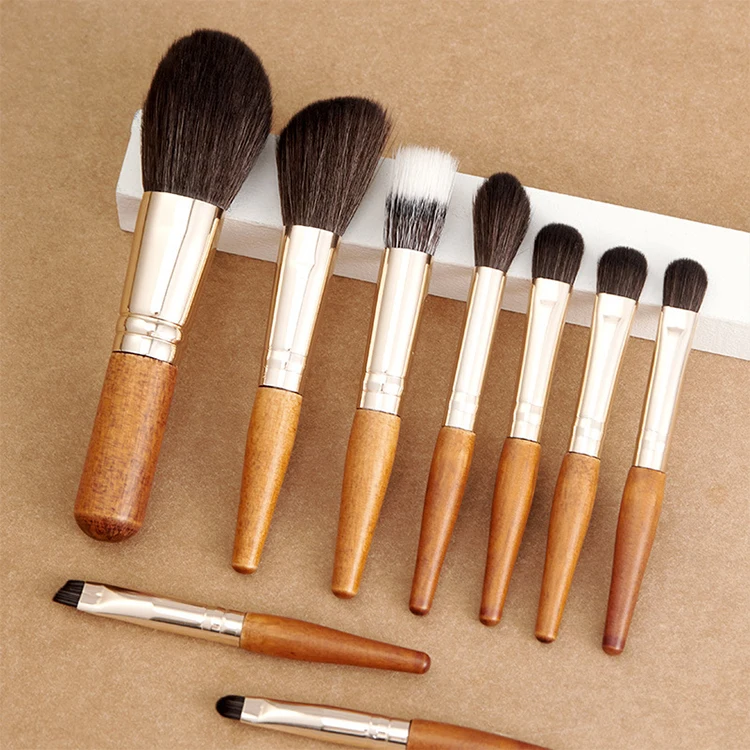 Private Label 9pcs Portable Mini Cosmetic Wooden Handle Makeup Brush Set with Pu Bag