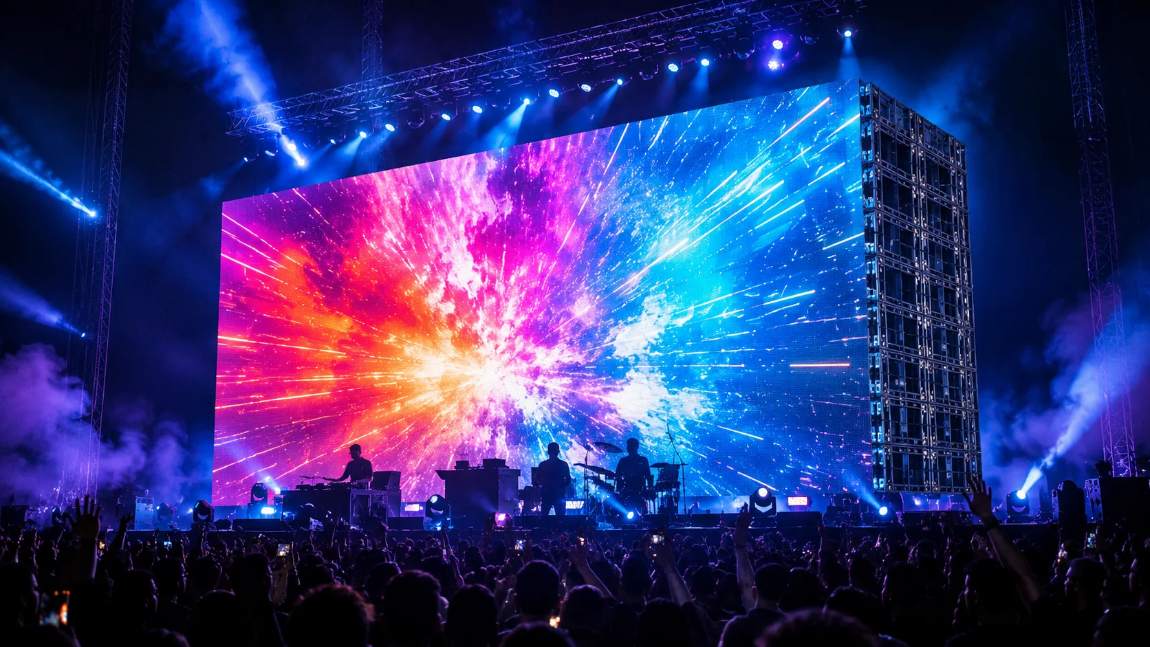 Large rental LED display video wall installed at a concert stage with bright visuals