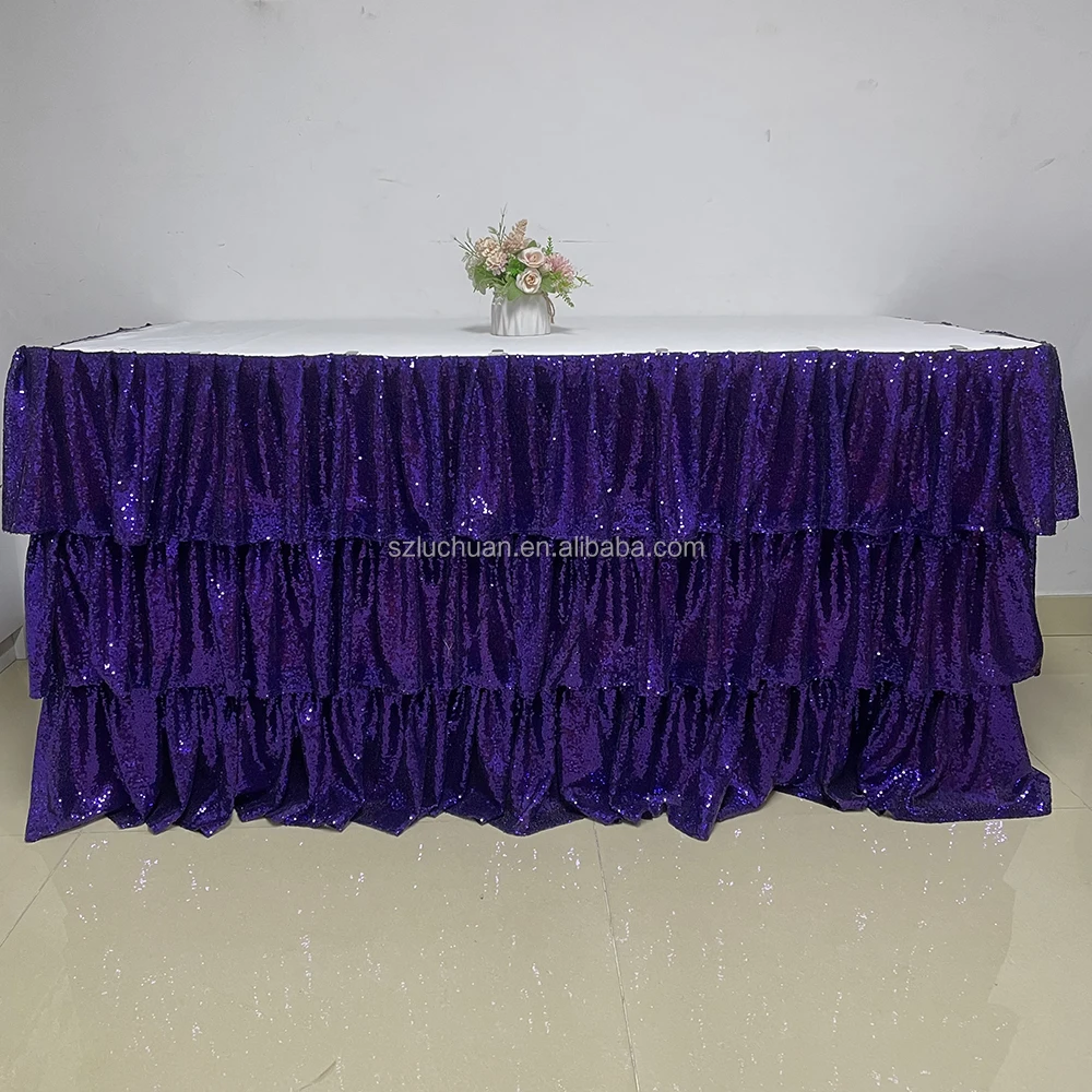 Ruffled Different Designs of Table Skirting for Birthday Purple Sequins Table Skirt for Wedding Decoration