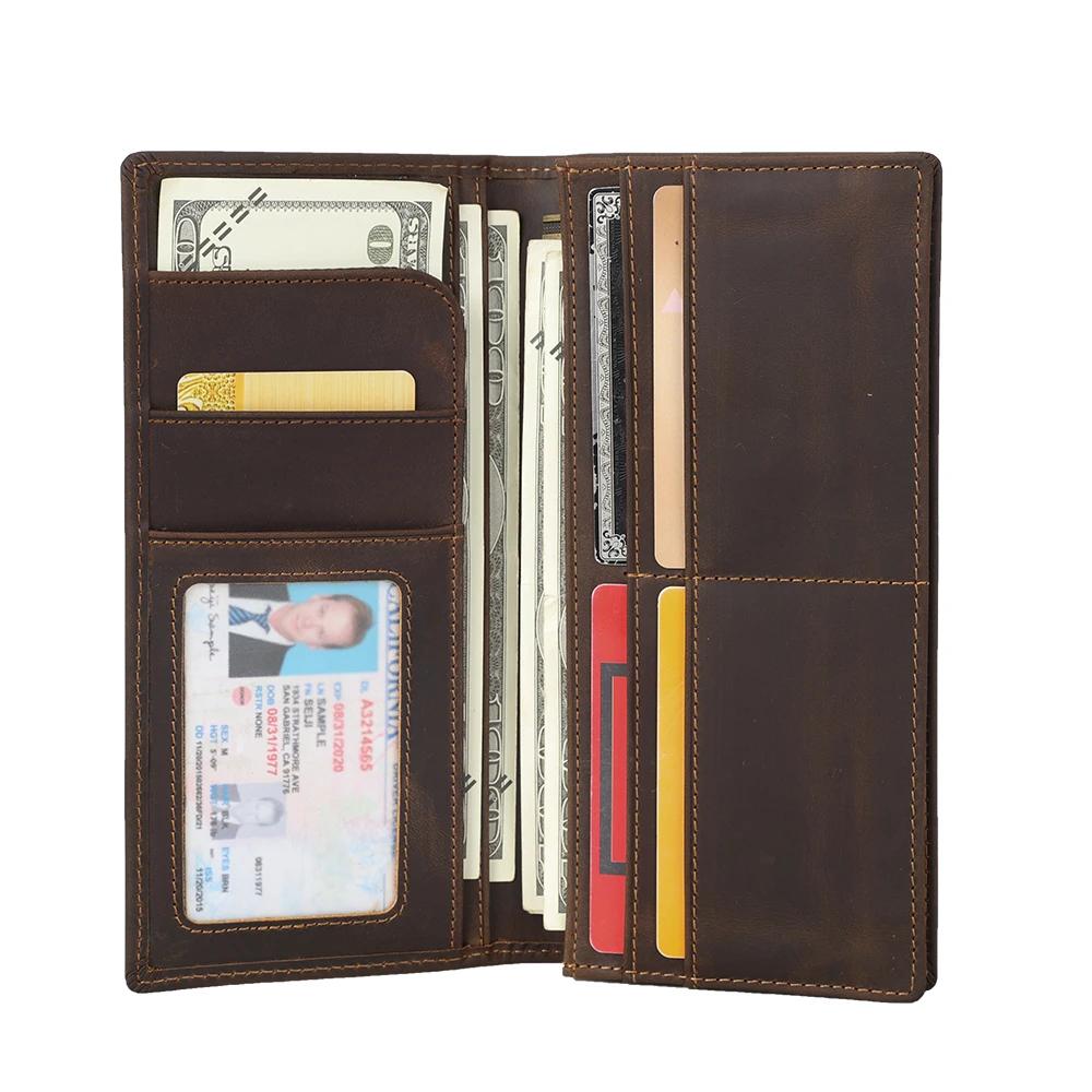 TIDING Custom Logo Brown Vintage RFID Long Genuine Leather Wallet