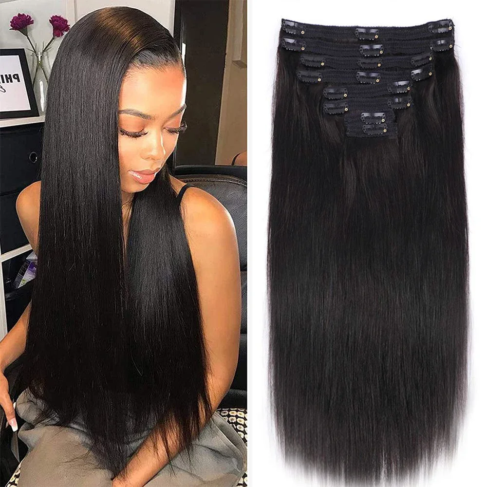Natural Black Human Hair Clip In Extensions 120g Straight 8 Pieces_voghion.com